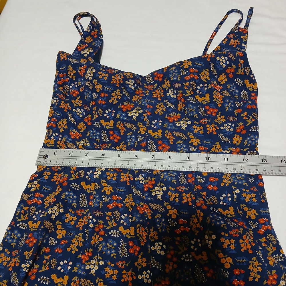 Madewell Floral V-Neck Jumpsuit Navy Blue Orange Wide Leg Double Strap Size 0 - Picture 6 of 10